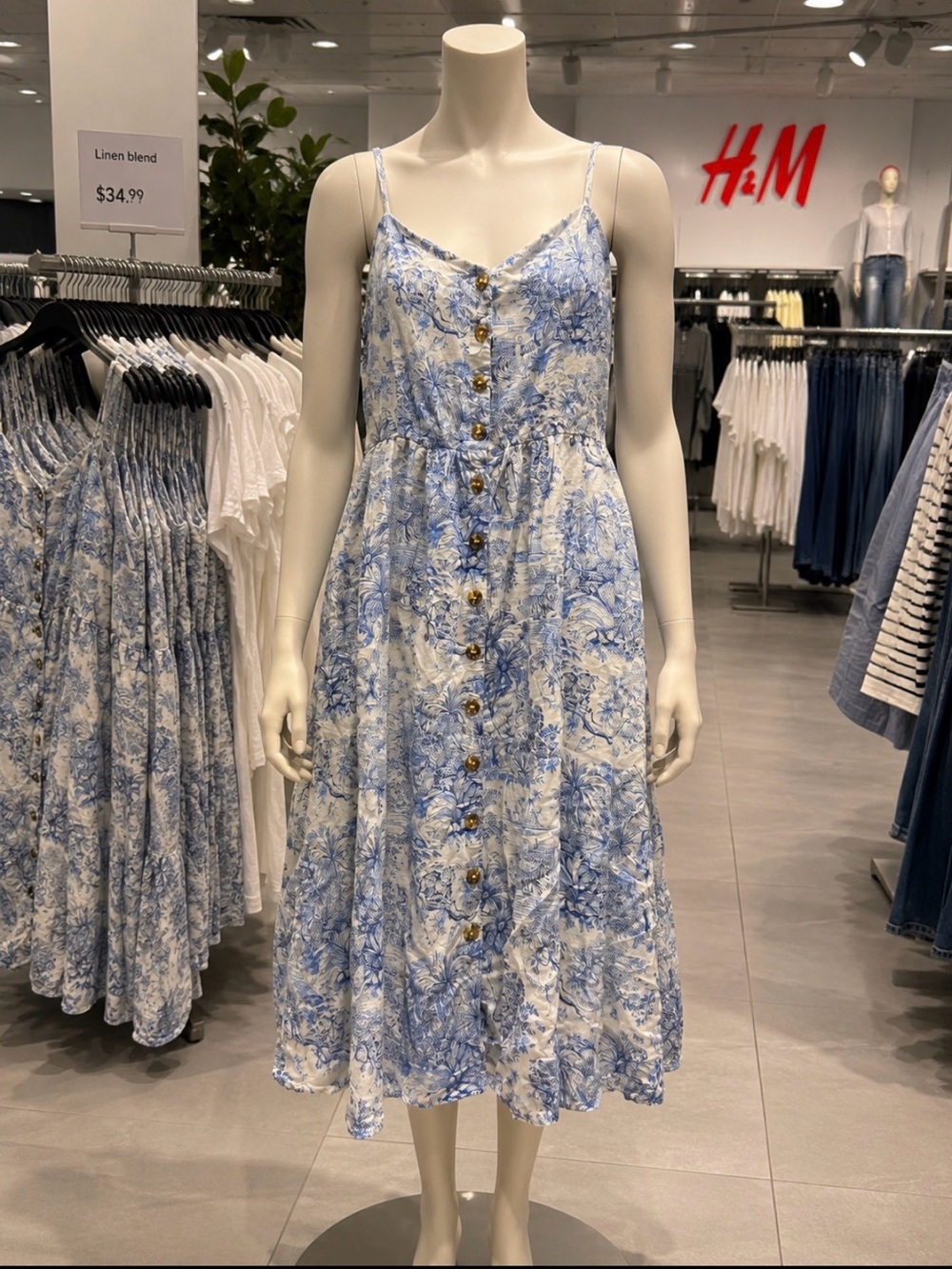 H&M Linen Blend Blue Toile Sundress